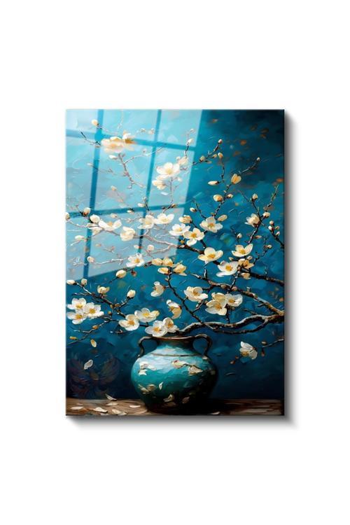 Cam Dikey Duvar Tablosu Cam Mavi Vazodaki Çiçekler Ev Ofis Salon Modern Duvar Tablosu