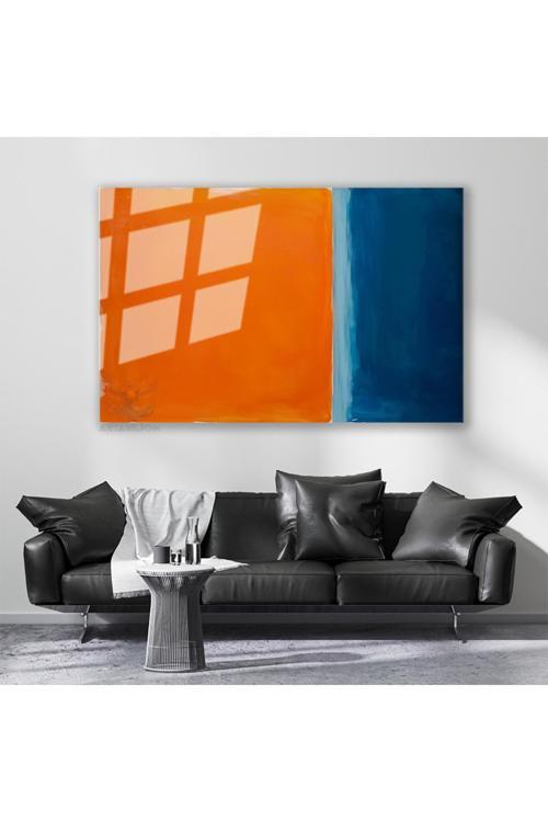 Cam Yatay Duvar Tablosu Cam Soyut Mavi Turuncu Ev Ofis Salon Modern Duvar Tablosu
