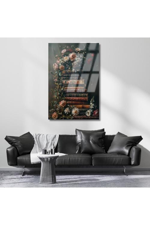 Çiçekler ve Kitaplar Kırılmaz Cam Dijital Baskı Duvar Tablosu Yeni Ev Hediyesi