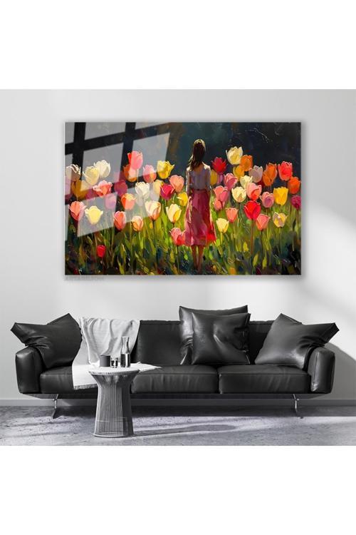 Cam Yatay Duvar Tablosu Cam Kucuk Kizve Laleler Ev Ofis Salon Modern Duvar Tablosu