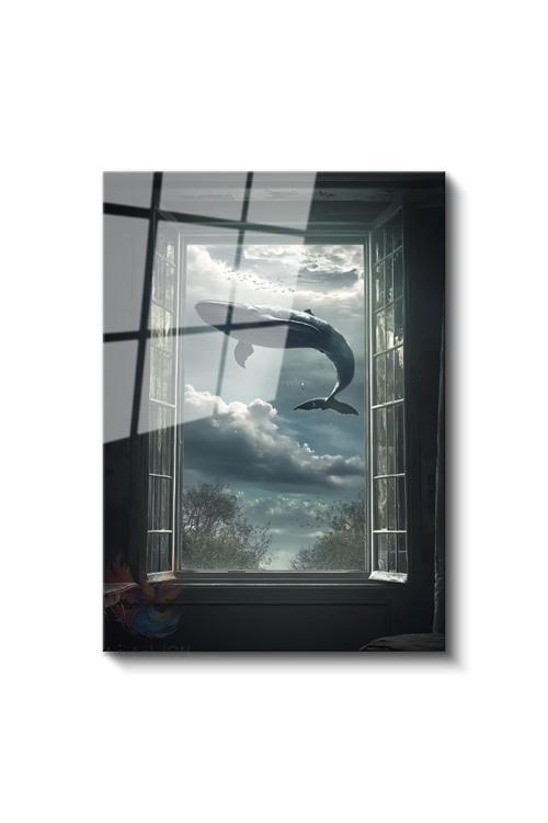 Cam Dikey Duvar Tablosu Cam Uçan Balina Ev Ofis Salon Modern Duvar Tablosu