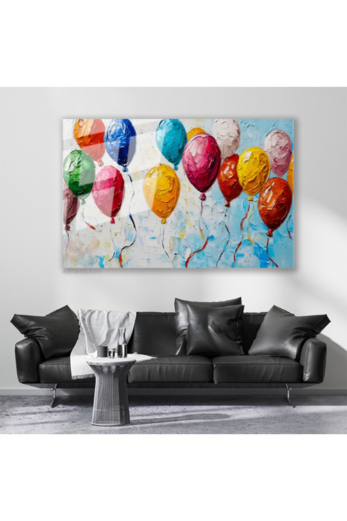 Cam Yatay Duvar Tablosu Cam Renkli Balonlar Ev Ofis Salon Modern Duvar Tablosu