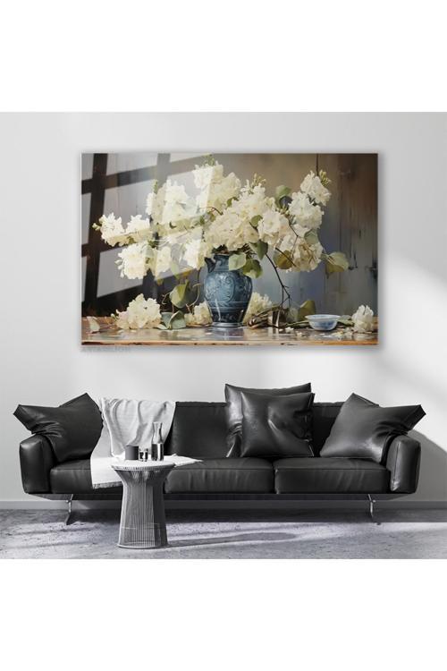 Cam Yatay Duvar Tablosu Cam Vazoda Beyaz Cicekler2 Ev Ofis Salon Modern Duvar Tablosu