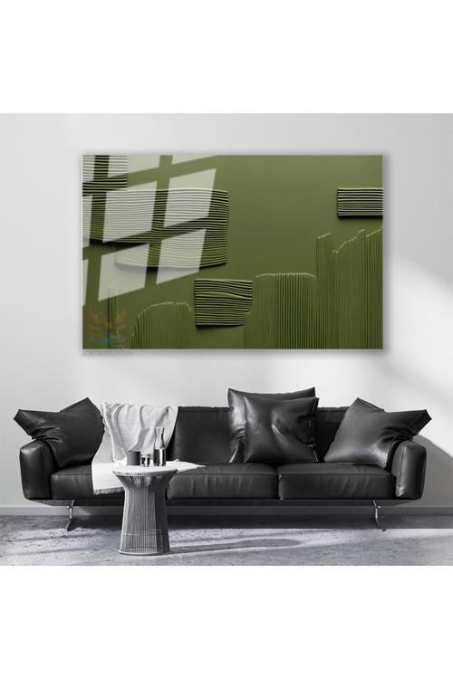 Cam Yatay Duvar Tablosu Cam Yesil Cizgiler Ev Ofis Salon Modern Duvar Tablosu