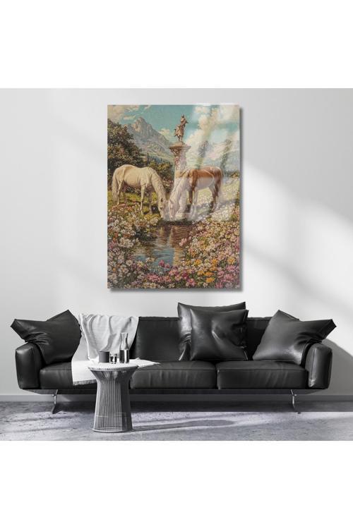 Klasik Görünümlü Su İçen Atlar Kırılmaz Cam Tablo Ev Dekoru Salon Tablosu