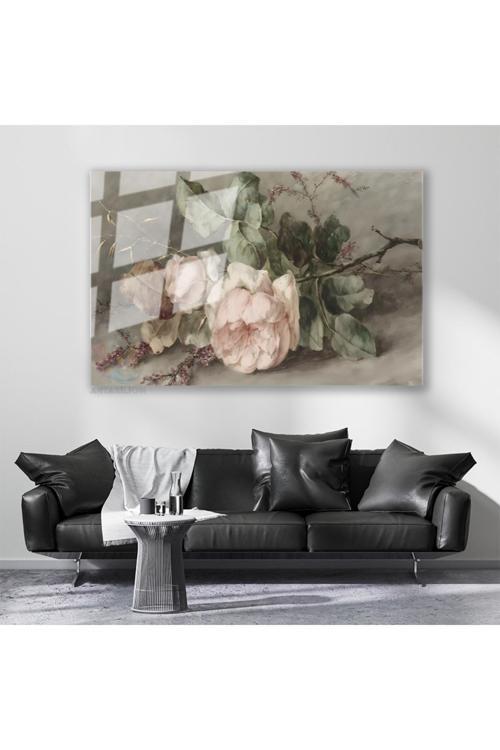 Cam Yatay Duvar Tablosu Cam Vintage Pembe Gul Ev Ofis Salon Modern Duvar Tablosu