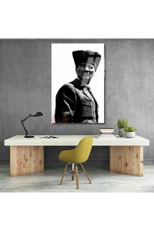 Cam Tablo Atatürk Görseli Siyah Beyaz Dikey Duvar Tablosu Ev Ofis Dekoru