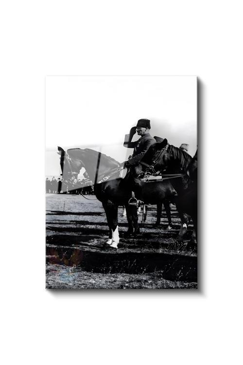 Cam Dikey Duvar Tablosu Cam Siyah Beyaz Atatürk At Üstünde Ev Ofis Salon Modern Duvar Tablosu