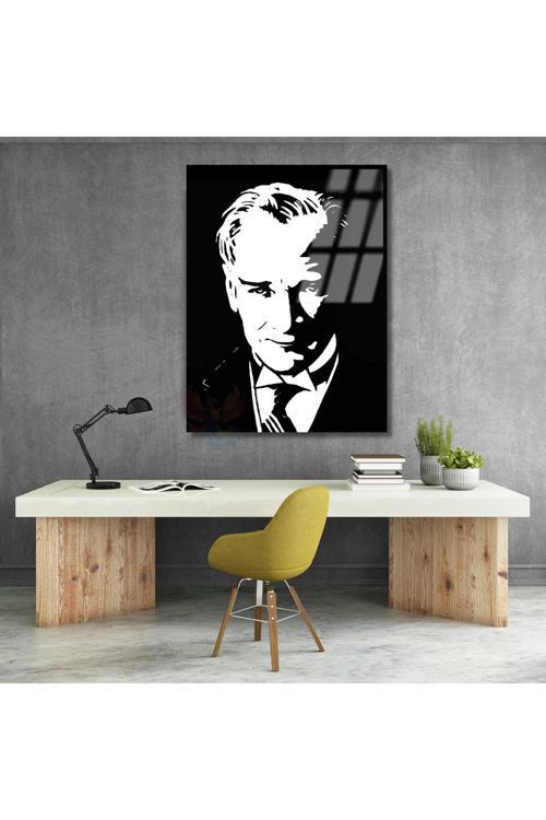 Siyah Beyaz Atatürk Çizimi Cam Tablo Modeli Dikey Duvar Tablosu Ofis Okul Ev Tablosu