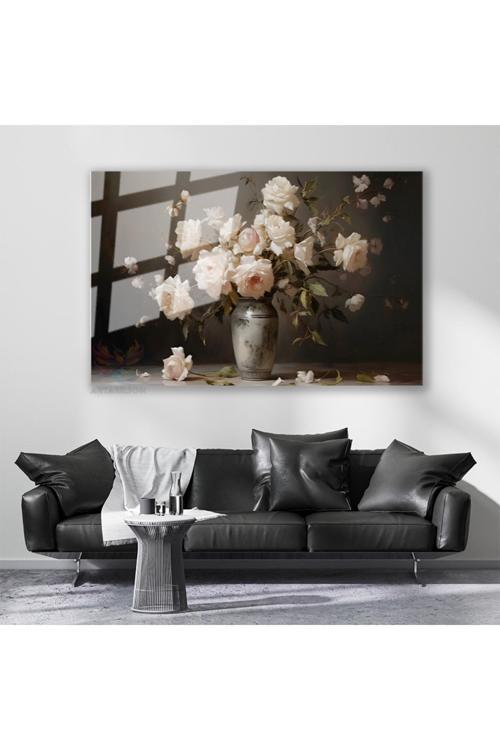 Cam Yatay Duvar Tablosu Cam Vazoda Beyaz Guller Ev Ofis Salon Modern Duvar Tablosu