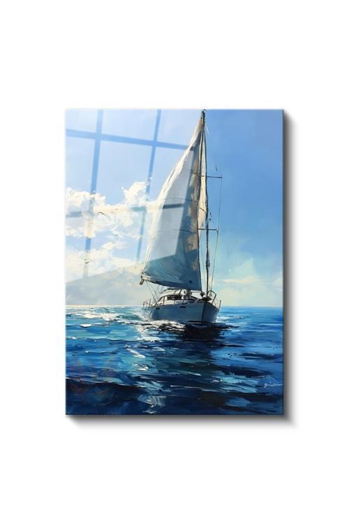 Cam Dikey Duvar Tablosu Cam Yağlıboya Görünümlü Yelkenli Ev Ofis Salon Modern Duvar Tablosu
