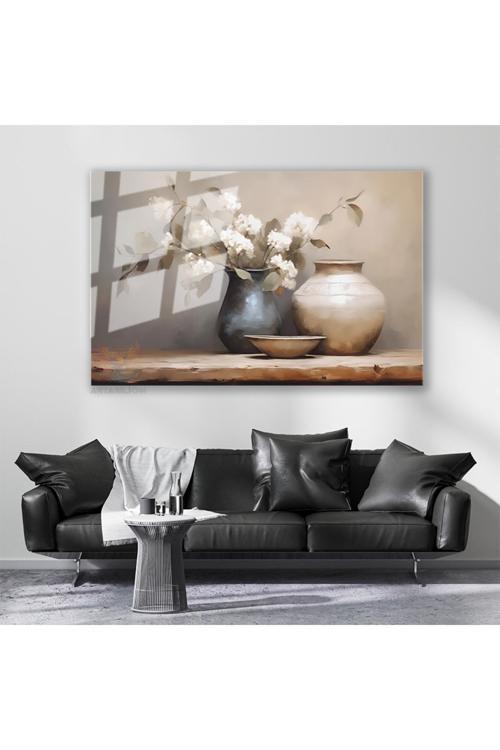 Cam Yatay Duvar Tablosu Cam Vazoda Beyaz Cicekeler4 Ev Ofis Salon Modern Duvar Tablosu