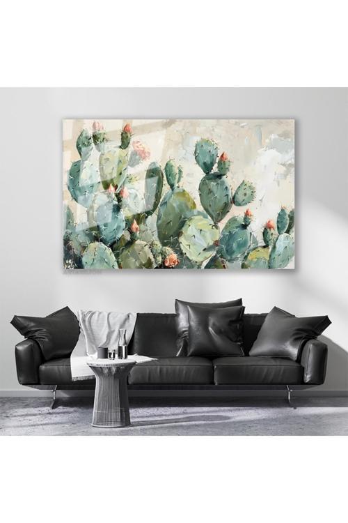 Cam Yatay Duvar Tablosu Cam Yesil Kaktusler Ev Ofis Salon Modern Duvar Tablosu