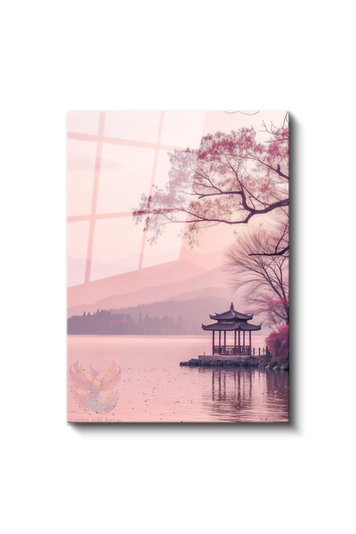 Cam Dikey Duvar Tablosu Cam Japonya Pembe Gökyüzü Ev Ofis Salon Modern Duvar Tablosu