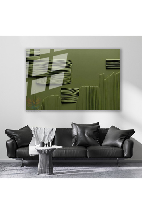 Cam Yatay Duvar Tablosu Cam Yesil Cizgiler Ev Ofis Salon Modern Duvar Tablosu