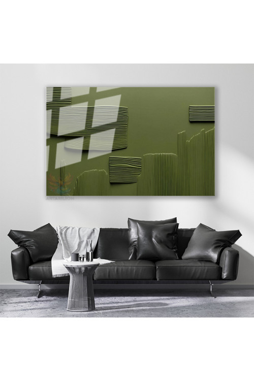 Cam Yatay Duvar Tablosu Cam Yesil Cizgiler Ev Ofis Salon Modern Duvar Tablosu