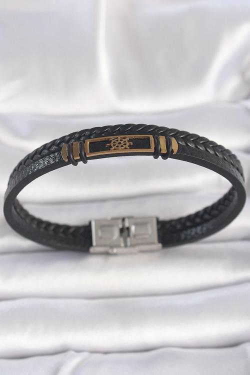 316L Çelik Gold Renk Gemi Dümeni Aksesuarlı Çift Sıra Burgu Desenli Deri Kordon Erkek Bileklik