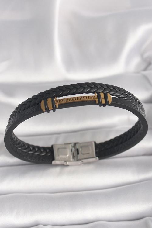 316L Çelik Gold Renk ZikZak İşlemeli Aksesuarlı Çift Sıra Burgu Desenli Deri Kordon Erkek Bileklik