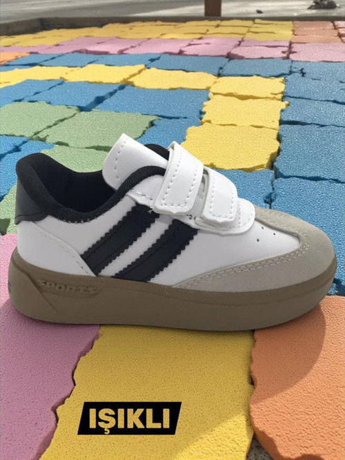 Günlük Unisex Çocuk Şeritli Siyah Beyaz Işıklı Sneaker Cırtlı Hafif Rahat Spor Ayakkabı