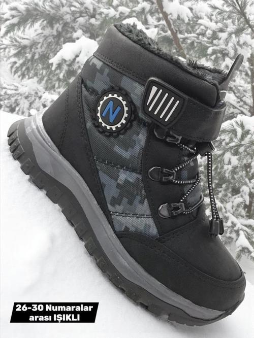 Erkek Çocuk Suya Soğuk Havaya Dayanıklı Cırtlı İçi Kürklü Siyah Kar Botu