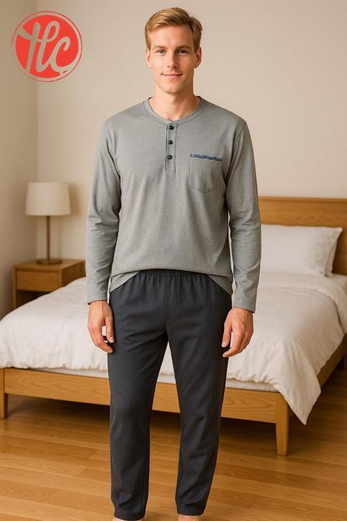 28301 Erkek 4 Mevsim Rahat Pamuklu Süprem Kumaş Uzun Kollu Pijama Takım