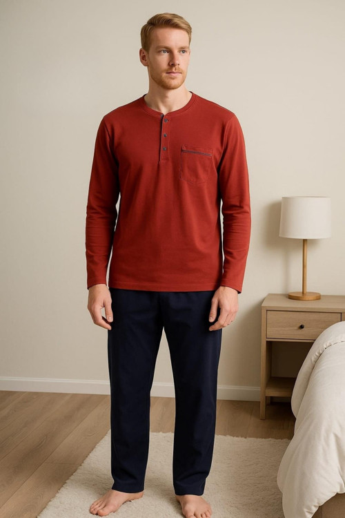 28301 Erkek 4 Mevsim Rahat Pamuklu Süprem Kumaş Uzun Kollu Pijama Takım