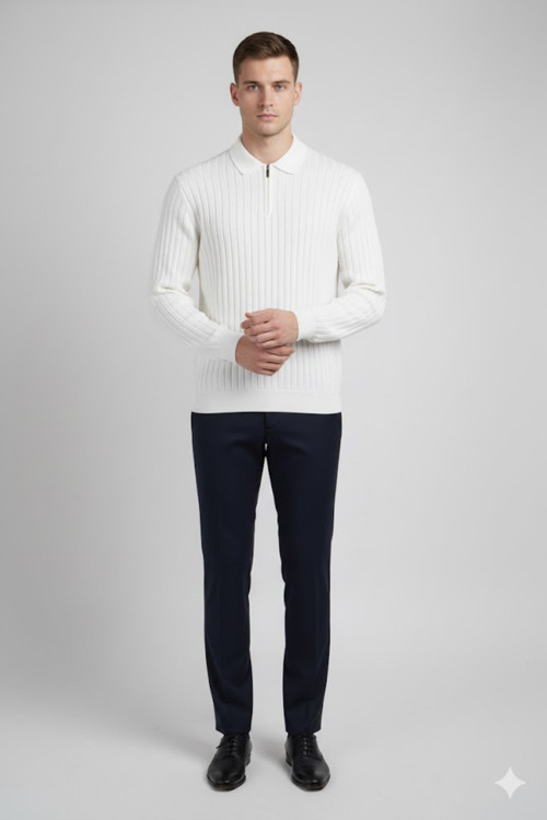 Erkek Beyaz Slim Fit Polo Yaka Triko Kazak - Yumuşak Dokulu Esnek ve Şık Görünüm 2605305