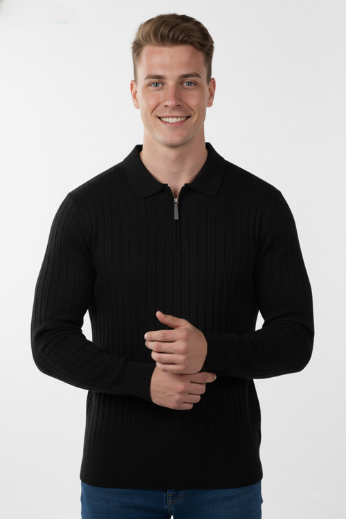 Erkek Siyah Slim Fit Polo Yaka Triko Kazak - Yumuşak Dokulu Esnek ve Şık Görünüm 2605305