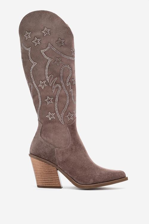 Kadın Yüksek Topuk Sivri Burun Çizme Gerçek Süet Deri ZY 1609 VİZON