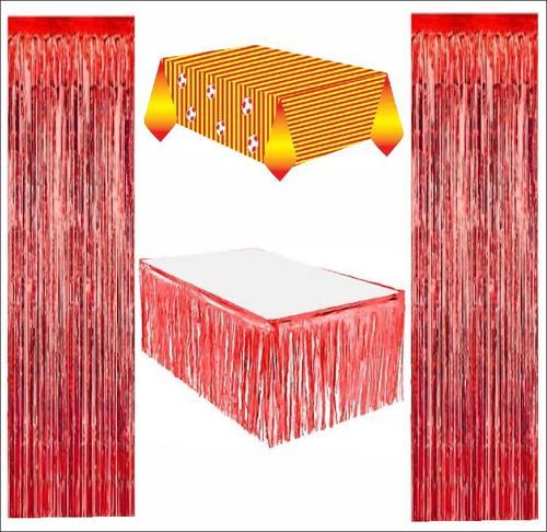 Taraftar Sarı Kırmızı Masa Örtüsü, Kırmızı Masa Eteği, 2 Adet Kırmızı Arka Fon