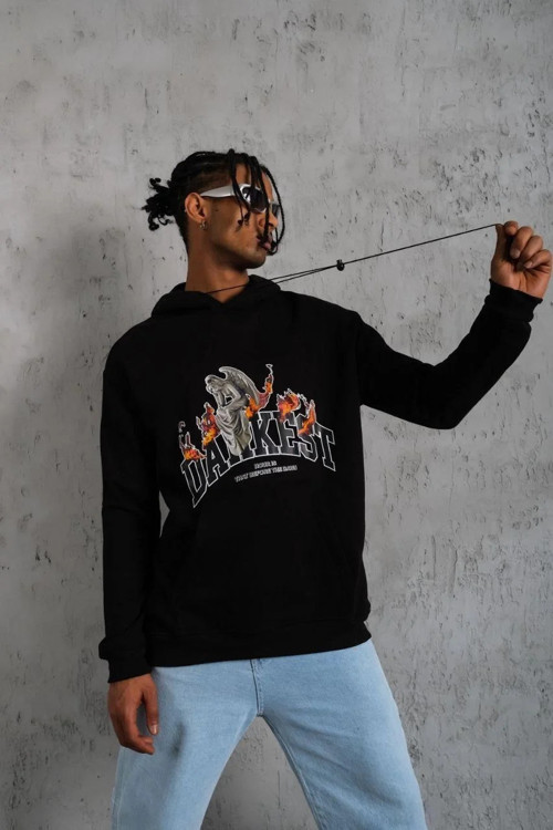 Erkek Oversize Kapüşonlu Sweatshirt – Siyah Renk Üç İplik İçi Pamuklu Kanguru Cepli Baskılı Hoodie R
