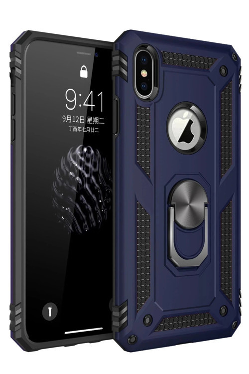 iPhone X Kılıf Sofya Yüzüklü Silikon Kapak - Lacivert-(5796)