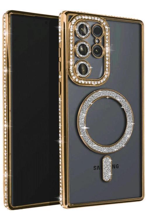 Samsung Galaxy S25 Ultra Kılıf Joke Simli Magneticsafe Kılıf - Gold-(5796)