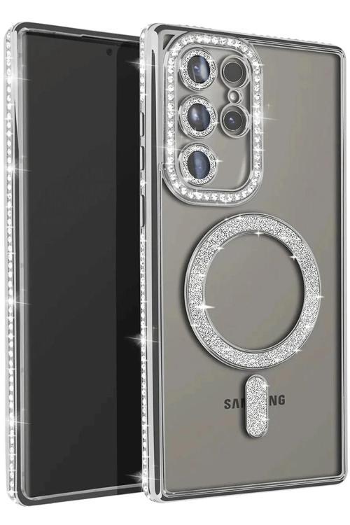 Samsung Galaxy S25 Ultra Kılıf Joke Simli Magneticsafe Kılıf - Gümüş-(5796)