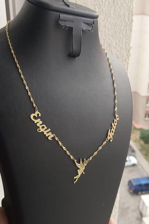 925 Ayar Gümüş 24 Ayar Altın Kaplama 2 İsimli Peri Figürlü Kolye