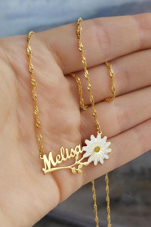 925 Ayar Gümüş 24 Ayar Altın Kaplama İsimli Papatya Kolye