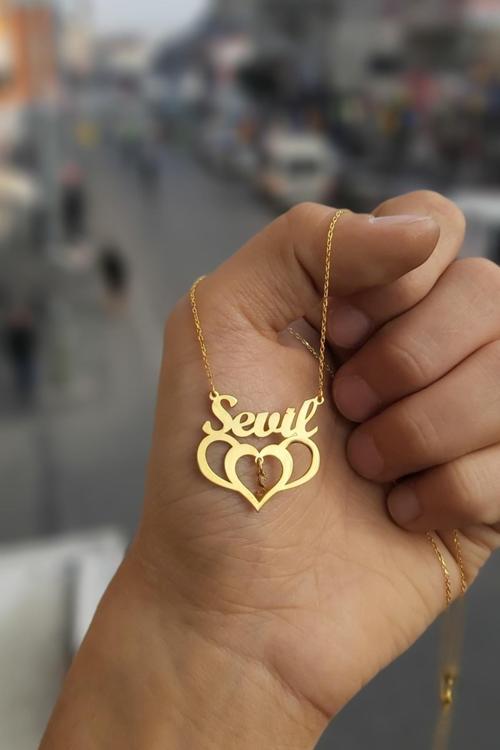 925 Ayar Gümüş 24 Ayar Altın Kaplama İsimli Kalpli Kolye