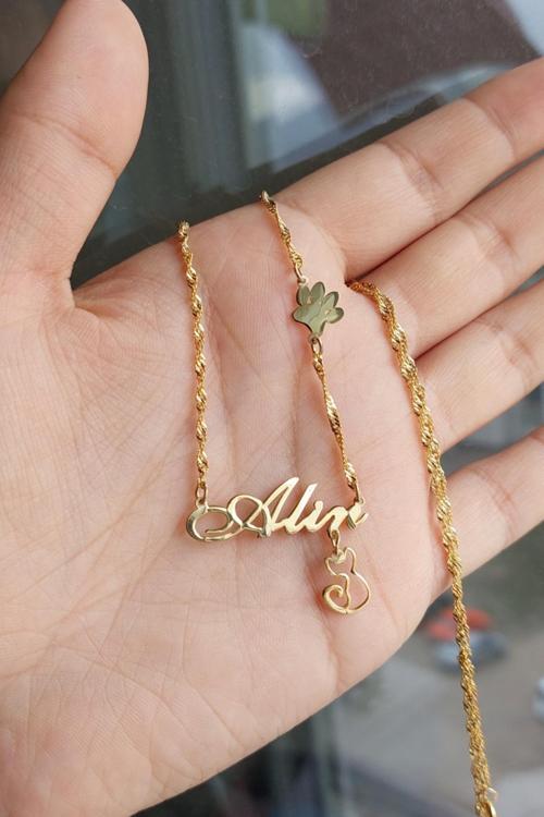 925 Ayar Gümüş 24 Ayar Altın Kaplama Kedi ve Pati Figürlü İsimli Kolye