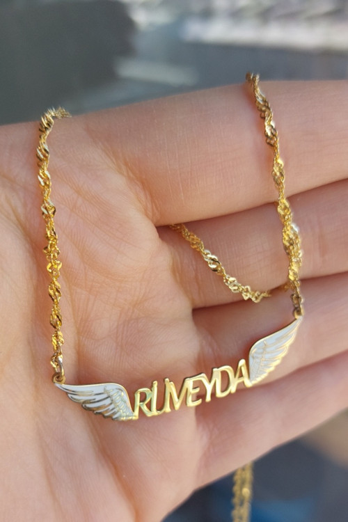 925 Ayar Gümüş 24 Ayar Altın Kaplama İsimli Kanatlı Kolye