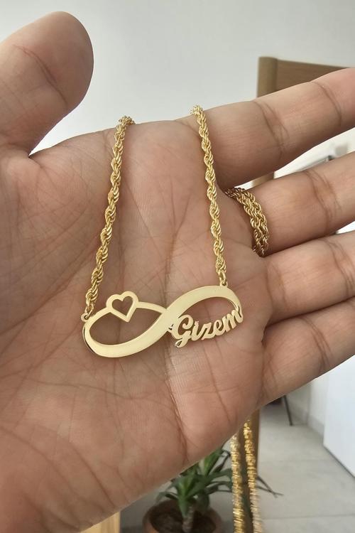 925 Ayar Gümüş 24 Ayar Altın Kaplama Halat Zincirli İsimli Sonsuzluk Kolye