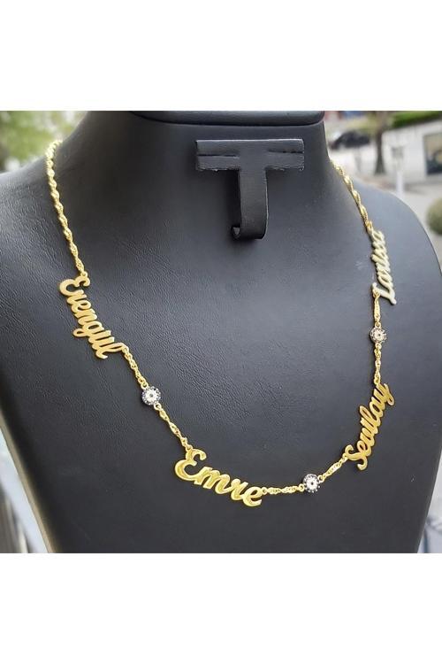 925 Ayar Gümüş 24 Ayar Altın Kaplama 4 İsimli 3 Nazar Boncuklu Kolye