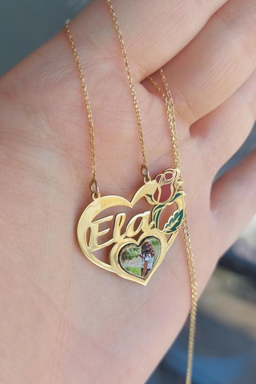 925 Ayar Gümüş 24 Ayar Altın Kaplama Resimli ve İsimli Kalpli Gül Kolye