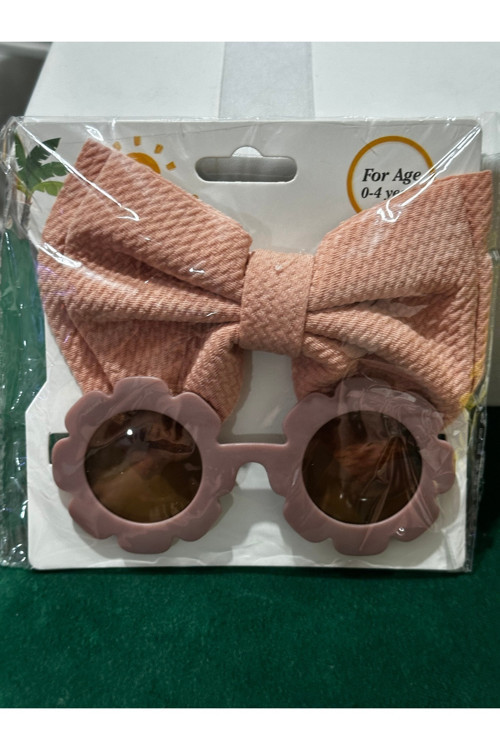 Dd355 Kız Çocuk Bebek 0-4 Yaş Uyumlu Gül Kurusu Fiyonk Bandana Ve Kahverengi Güneş Gözlük Seti