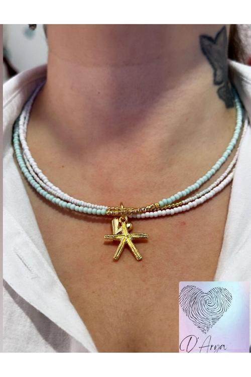 Dd43 Yeşil Beyaz Üçlü Gold Deniz Yıldızı Kalp Charm ‘Lı Katmanlı Tasarım Kolye