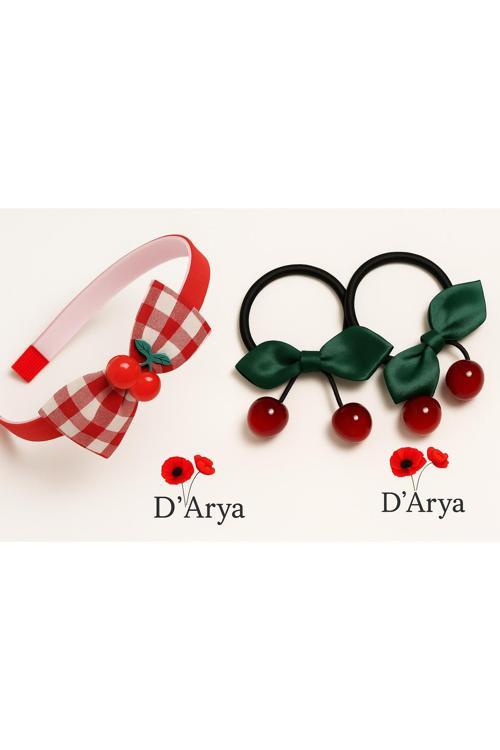 Dd425 Yeşil Saten Kurdele Kırmızı Cam Kiraz Temalı Saç Taç Lastik Toka Aksesuar Seti (3’Lü Set)