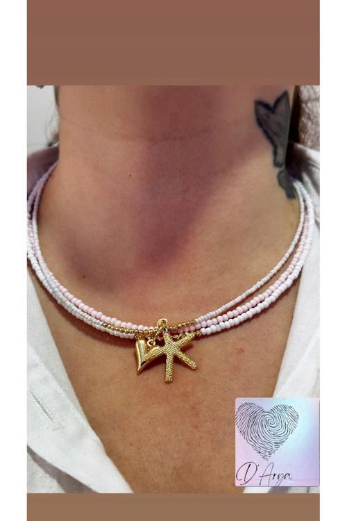 Dd45 Pembe Beyaz Üçlü Gold Deniz Yıldızı Kalp Charm ‘Lı Katmanlı Tasarım Kolye
