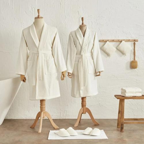 Fransız Dantelli Bornoz Aile Banyo Seti Ofwhite/Ofwhite Fidelle