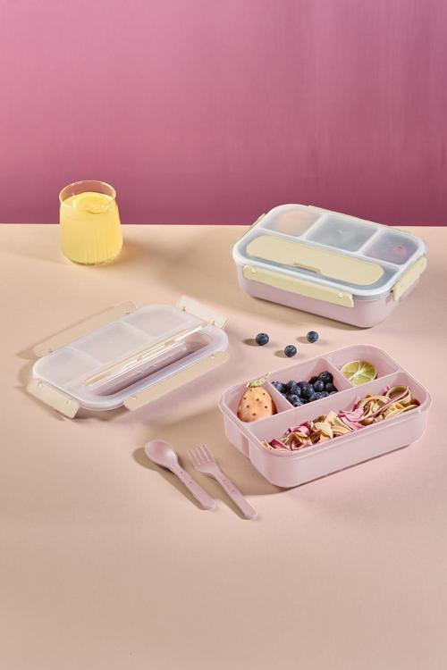 Kaşık Çatallı Lunch Box Sızdırmaz Contalı Kapaklı 4 Bölmeli Beslenme Kabı - Pembe