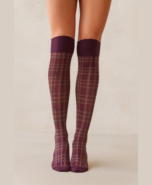 Heidi Bordo/Karadut Ekose Desen Esnek Diz Hizası Pantolon Çorabı