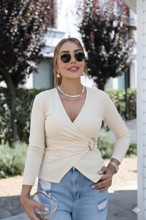 MDB Kadın Uzun Kollu Kruvaze Yakalı Toka Detaylı Viskon Bluz